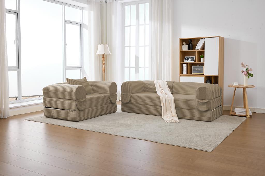 Modular Cord Sofa Set 1-Seater + 2-Seater, Frameless Floor Sofa, Upholstered Striped Corduroy Bench, Corner Sofa for Living Room, Bedroom & Apartment