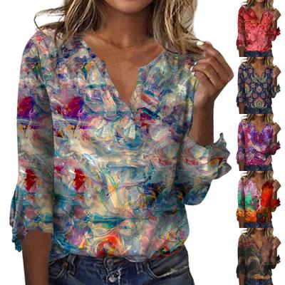 Женский топ, свободные повседневные однотонные блузки с v-образным вырезом, футболка с рукавом 3/4 и колокольчиком