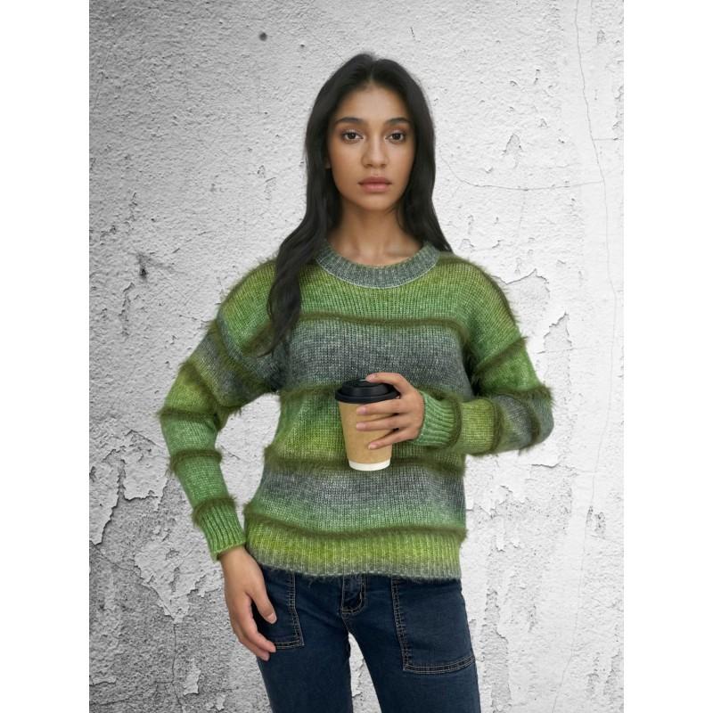 Gradient Colorblock Striped Knit Sweater Women Loose Fit Crew Neck Long Sleeve Fall Winter Casual Top