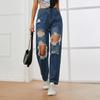 Европейско-американские женские прямые рваные джинсы с высокой талией