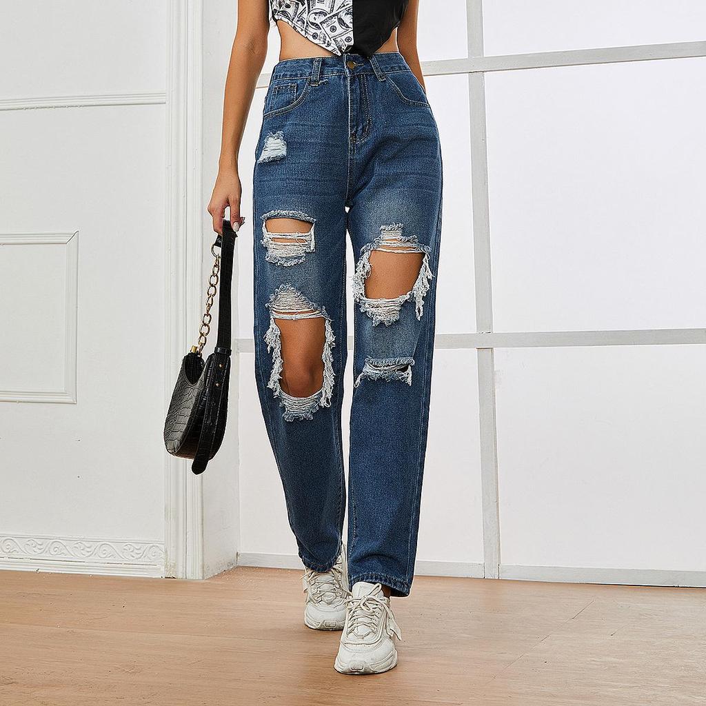 Европейско-американские женские прямые рваные джинсы с высокой талией