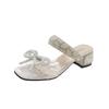 Gentle bow thick heel sandals women's 2025 summer new one-word with transparent rhinestone square head open-toed fairy shoes