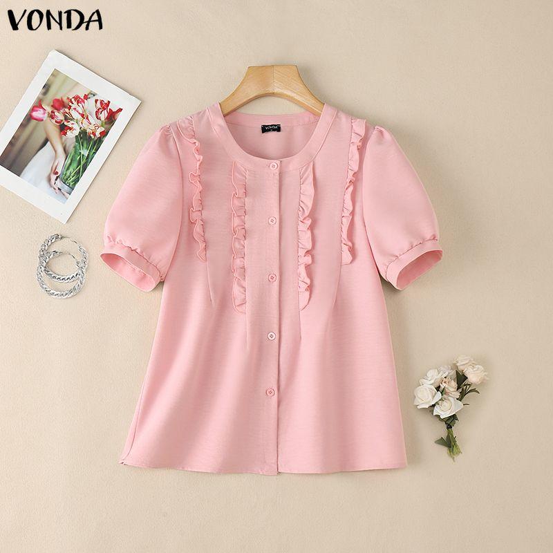 VONDA Женские повседневные летние блузки-топы с коротким рукавом, однотонные, с круглым вырезом
