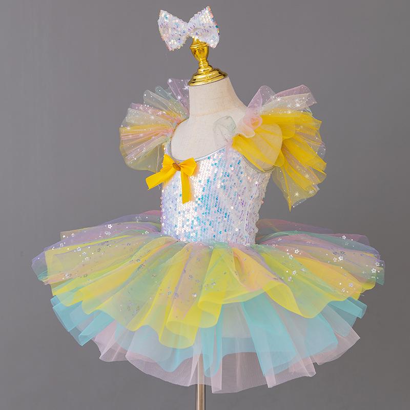 Gradient Sequin Bow Puffy Ballet Skirt for Girls - Fashionable Children's Performance Costume