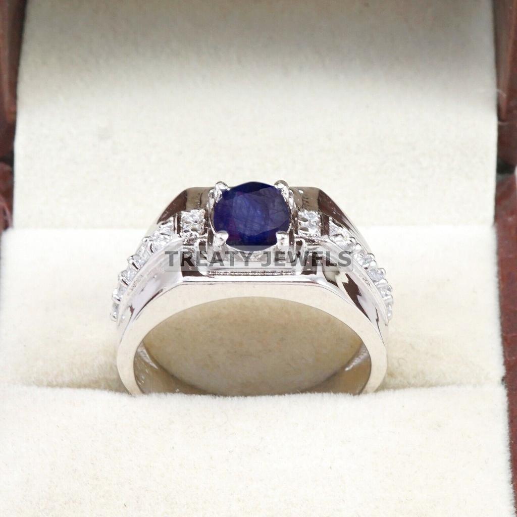 Blue Sapphire Oval Cut Gemstone With 925 Sterling Silver Ring For Men's #B607 JL375686497695