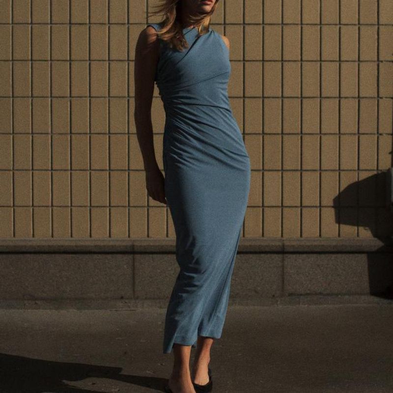 Spring New Women's Clothing Fashion Style Round Neck Sleeveless Ruched Silk Net Long Midi Skirt Dress 8312536