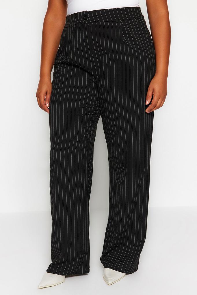 Women's Style Plus Size Black Striped Woven Trousers