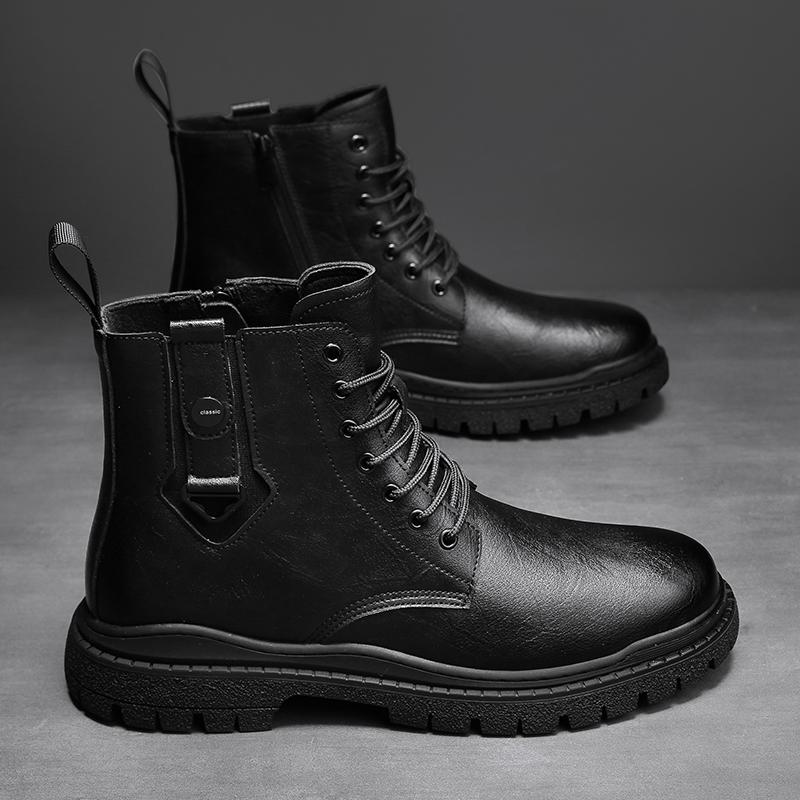 Мужские ботинки из натуральной кожи с круглым носком, зимние дизайнерские повседневные кожаные ботинки в британском стиле, модные высокие ботинки на шнуровке, черные ботинки на платформе