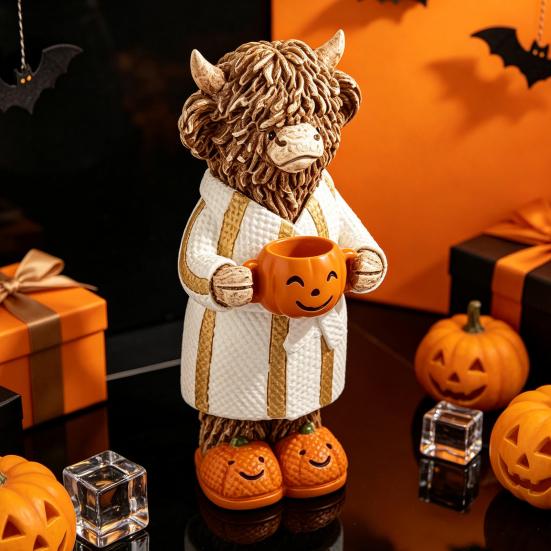 Rustic Fall Home Decorations Halloween Highland Cow Figurine, Resin Statue with Pumpkin Mug, Spooky Seasonal Tiered Tray Decor Farmhouse Tabletop for