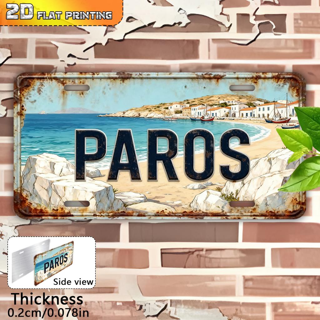 D Flat Printing Vintage Distressed PAROS with Greek Cycladic Beach Village Illustration Aluminum Tin Painting License Plate