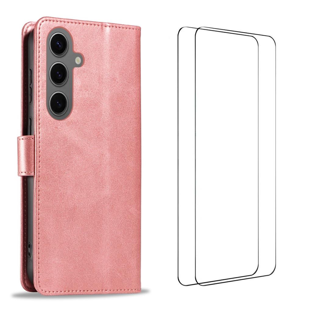 For Samsung Galaxy S24+ Case with 2Pcs Tempered Glass WANLONFENG WN Series Calf Texture Leather Phone Cover Big Cutouts