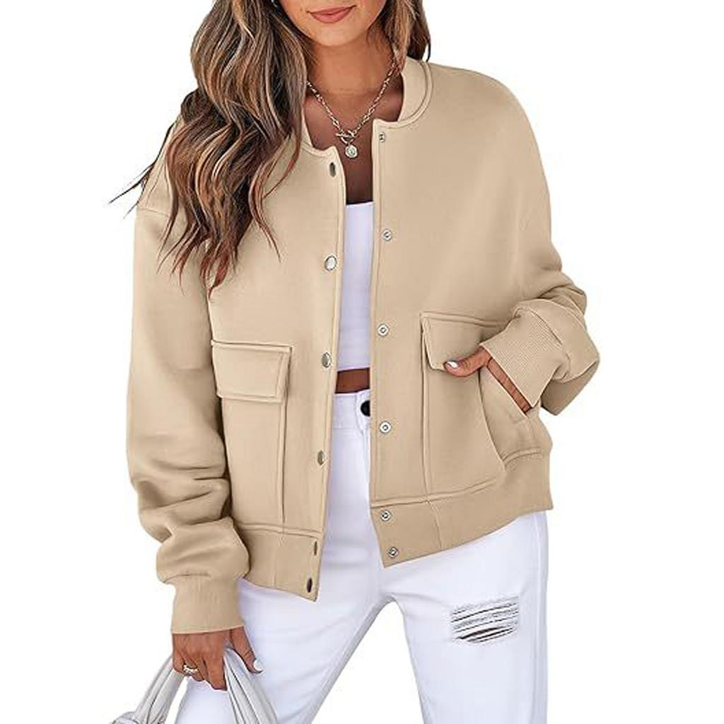 Women's Casual Neck Long Sleeve Jacket Casual Pocket Coat