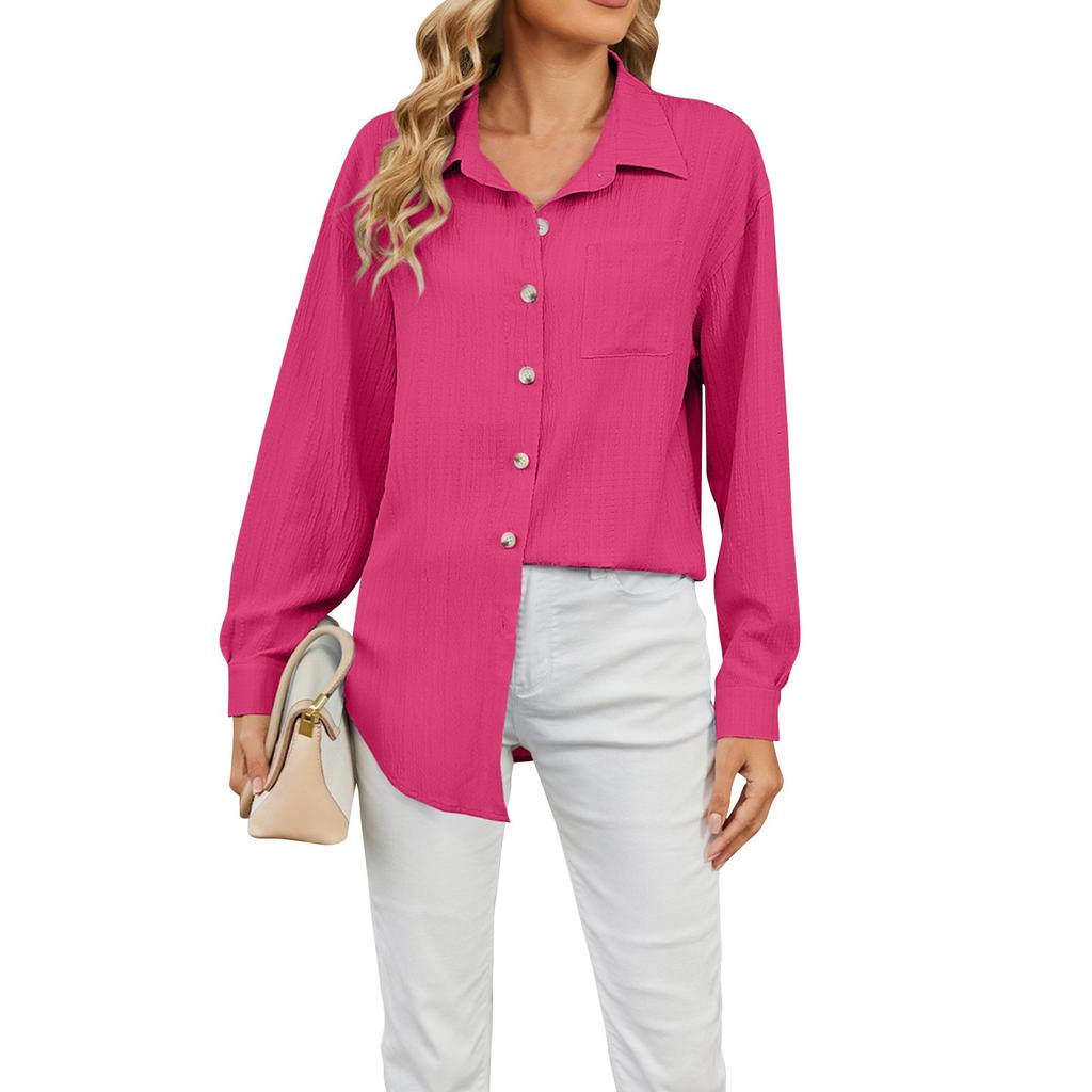 Женские повседневные свободные однотонные рубашки с длинными рукавами и пуговицами с лацканами, топы