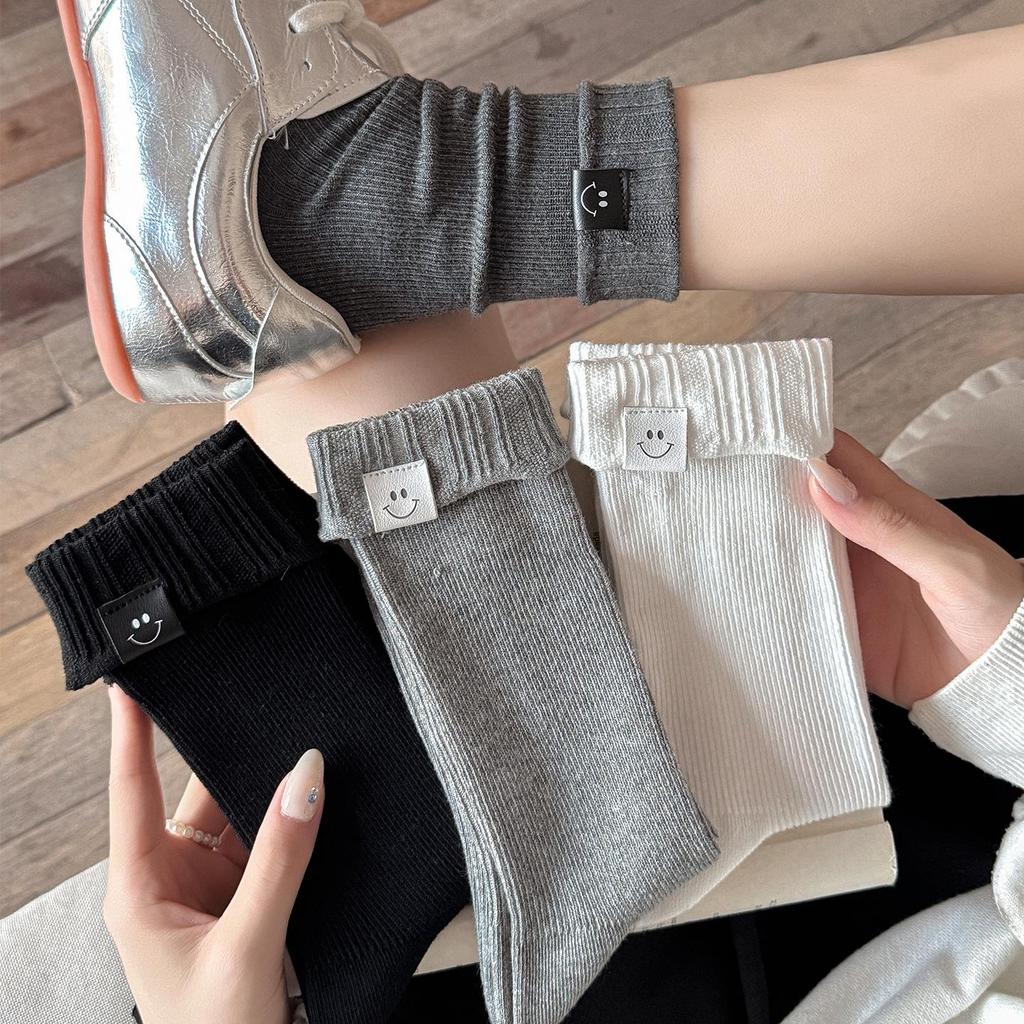 Женские гольфы до середины икры с отворотом и смайликом - Корейский стиль, Европейский тренд, Осень-Зима, Простой дизайн