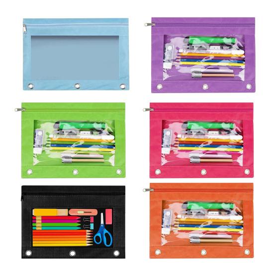 Пенал большой емкости с 3 кольцами, прозрачным окошком, застежкой-молнией и ручкой