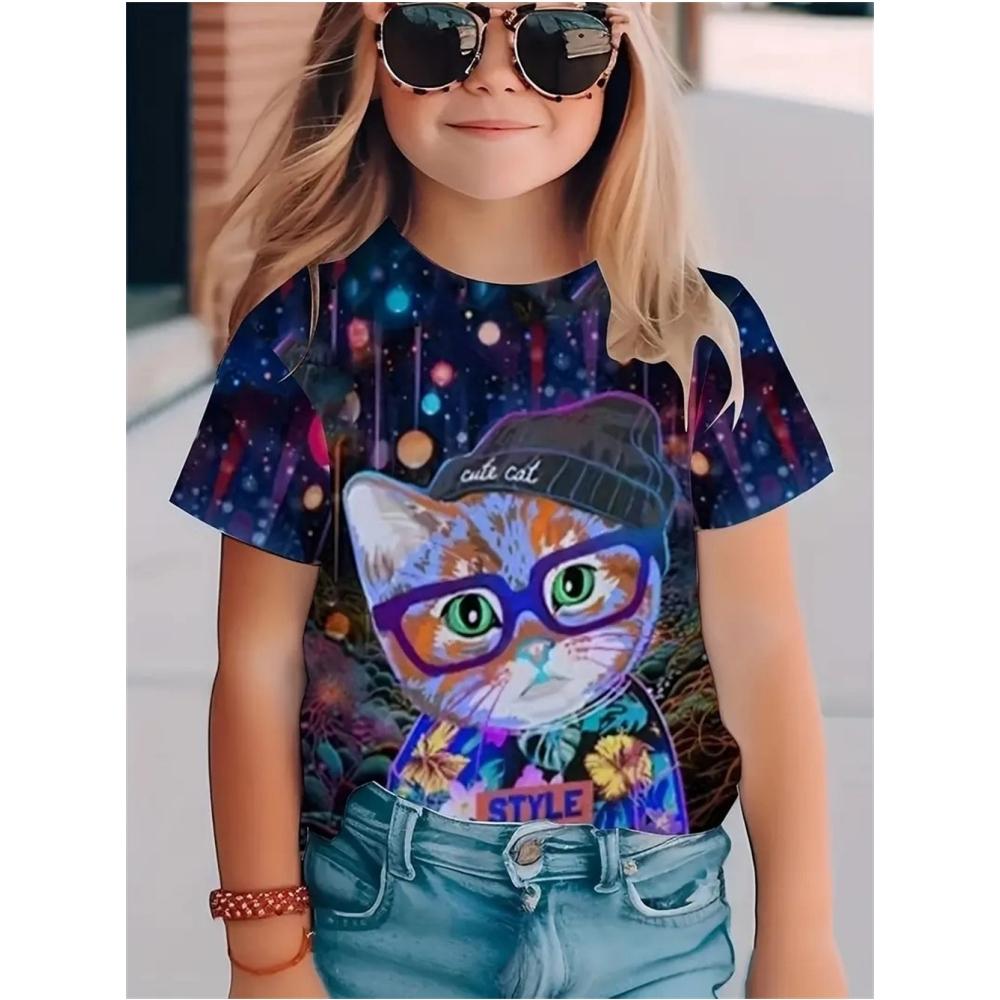 Новая футболка с графическим 3D-принтом, милый кот, с коротким рукавом, модная, повседневная, летняя, удобная, мягкая, детская футболка