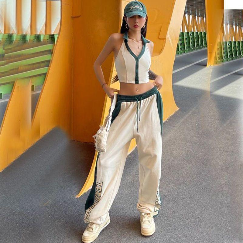 Женские джоггеры American Vintage с контрастными вставками в стиле хип-хоп - свободные широкие танцевальные брюки Jazz с высокой талией и ретро-дизайном
