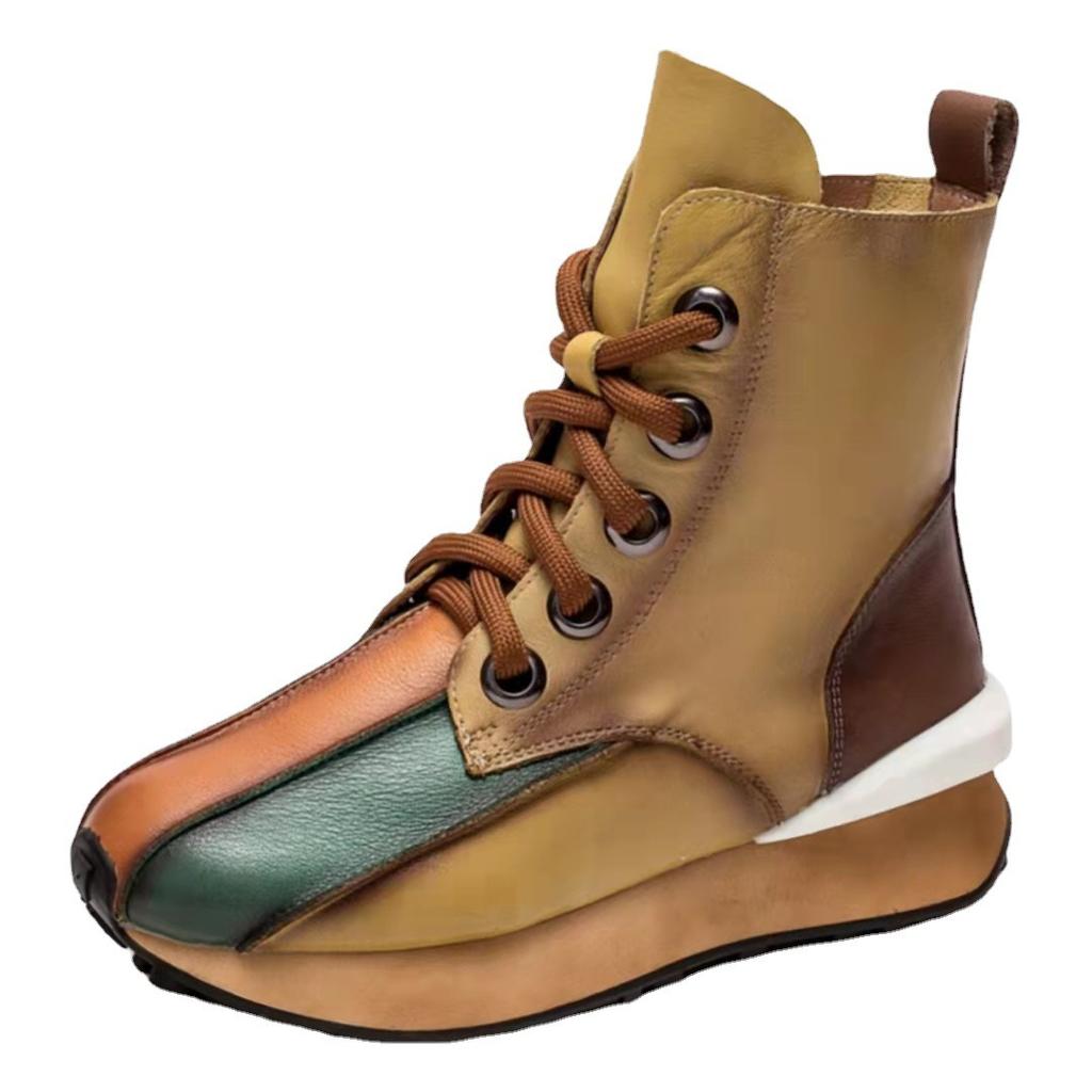 Autumn Winter Women Platform Ankle Boots Fashion Mixed Colors Leather Splicing Short Boots Female Comfortable Chunky Booties