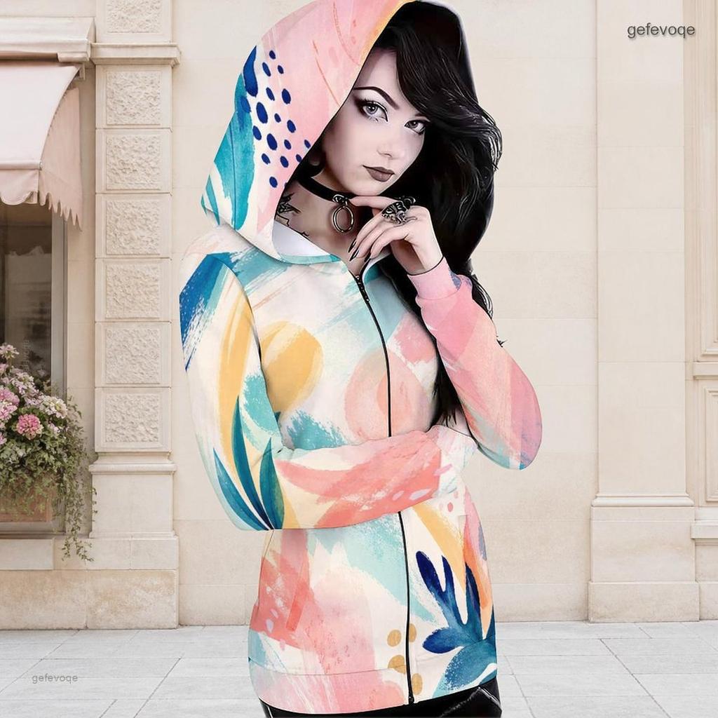 Women Plus Size Black Khaki Abstract Printed Long Sleeve Cutout Neck Hooded Top