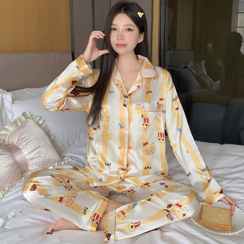New ice silk pajamas women's spring new long-sleeved trousers high-end small floral loungewear set