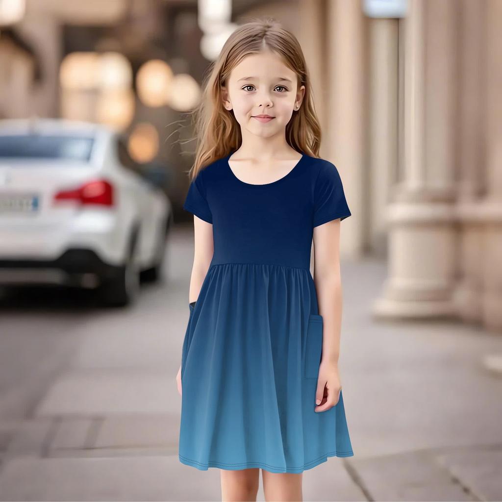 Детская юбка с круглым вырезом и коротким рукавом, платье принцессы, модное повседневное платье с карманами для девочек