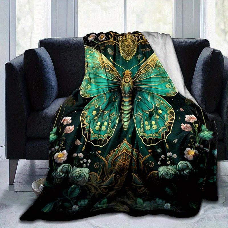 1pc Green Butterfly Printing Lightweight Flannel Blanket, Comfortable and Warm Blanket, for Camping Sofa Bed and Couch Office, Gift