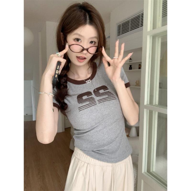 Женская персонализированная футболка с короткими рукавами и принтом в виде американских букв, летний короткий облегающий топ для студентов