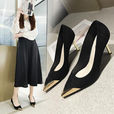 Модные Элегантные Высокие Каблуки Металлический Декор Острый Носок Средний Стильный с темпераментом Каблук Одинарные Туфли Женские Удобные Дышащие