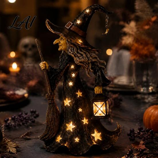 Decorative Night Light Halloween Witch Lamp Up Figurine with Broom And Lantern Gothic Resin Table Decor Spooky for Tabletop Indoor Home Vintage