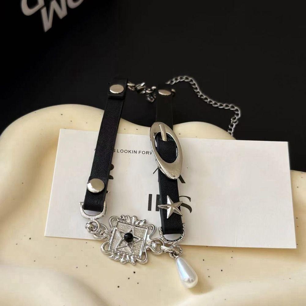Metal Y2K Star Choker Exaggerate Buckle Pearl Pendant Necklace Collarbone Chain Women Daily