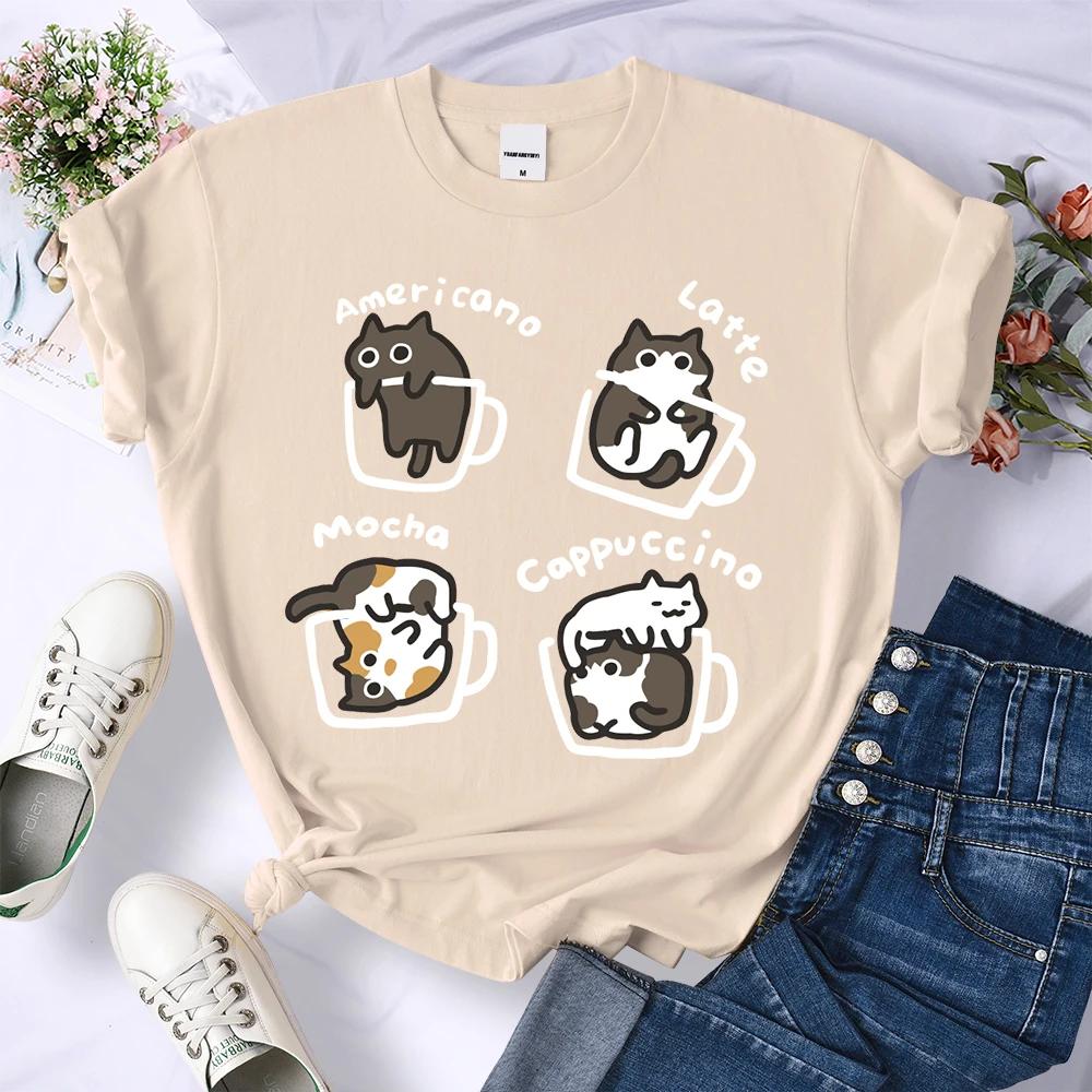 Summer Cat Coffee Art Letter 3D Printed T-Shirts Women Breathable O-Neck Tee Shirts Loose Short Sleeve Soft Street Casual Clothes Female