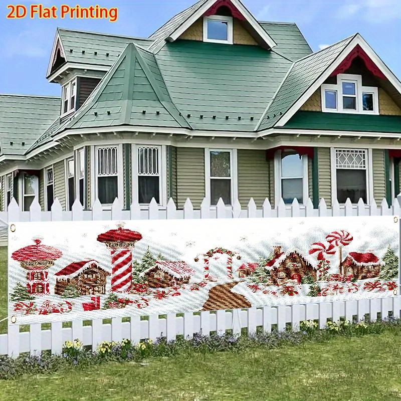 Winter Christmas Fence Banner, Gingerbread House & Candy Pattern, Polyester Outdoor Lawn Wall Festival Decoration