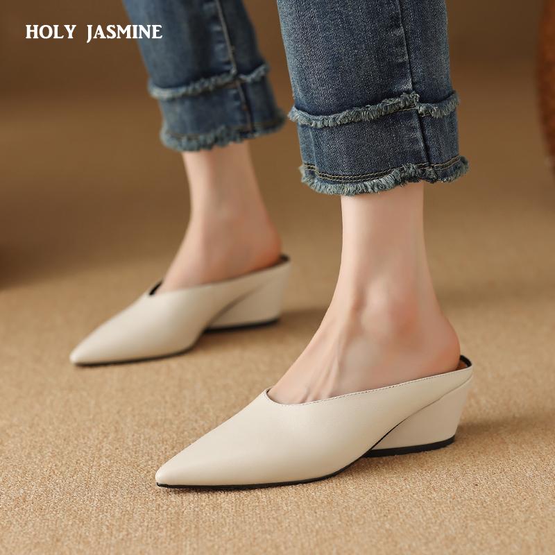 Fashion 2025 Summer Women Shoes Genuine Leather Pointed Toe Women Sandals Solid Modern Sandals for Women Shaped Heel Women's Mules Shoes