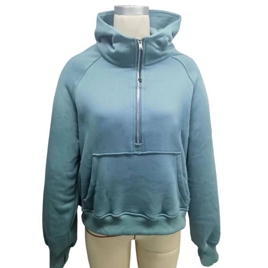 Fall Winter Hoodie Hooded Half Zipper Pocket Long Sleeves Loose Thick Pure Color