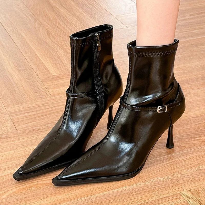 Кожаные женские ботильоны на высоком каблуке с острым носком, модная сексуальная обувь, новый бренд 2025 года, дизайнерские туфли-лодочки, зимние туфли Botas De Mujer