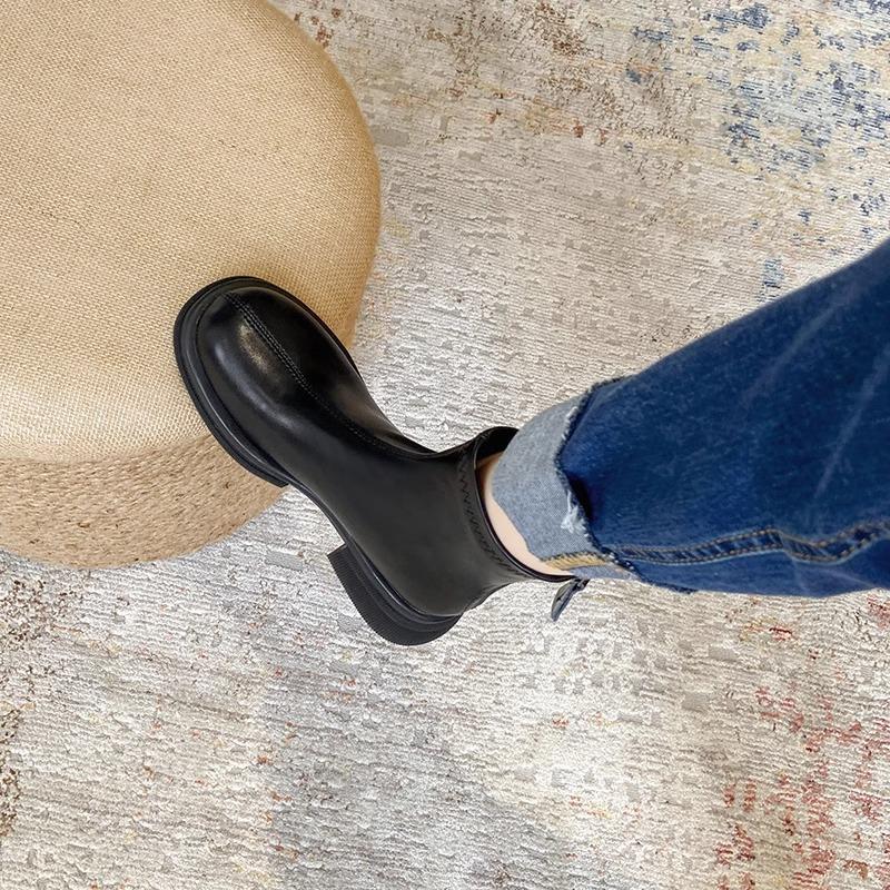 Кожаные короткие ботинки женские толстый каблук 2025 новые весенне-осенние эластичные тонкие ботинки одинарные ботинки толстая подошва британские ботинки Мартин