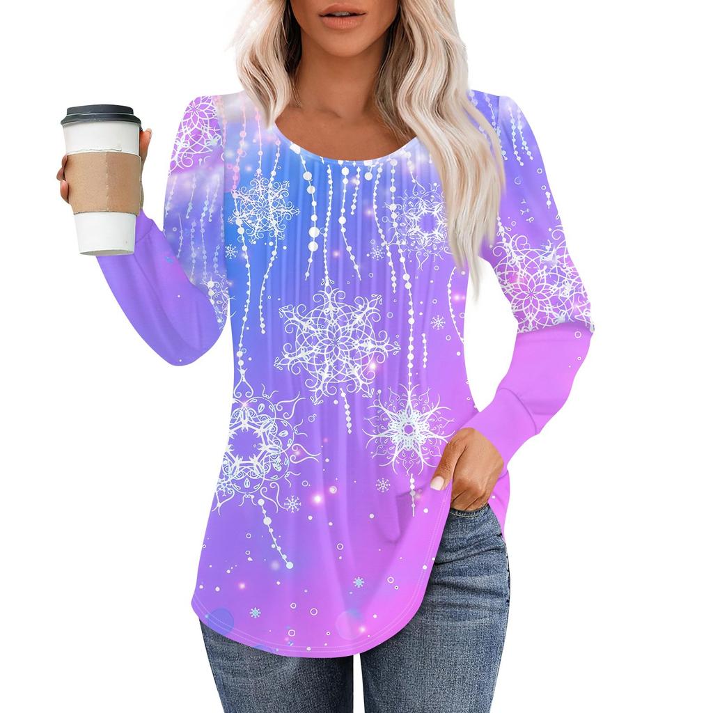Рубашки с длинным рукавом для женщин, топы, нарядные повседневные блузки с рождественским принтом, плиссированные туники с круглым вырезом