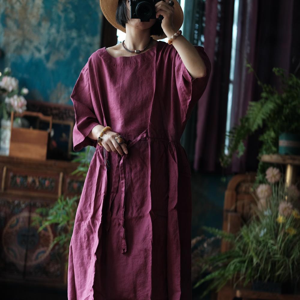 Johnature Women Vintage Bandage Dress O-Neck Seven Sleeve Autumn Dark Rose Loose Women Dresses