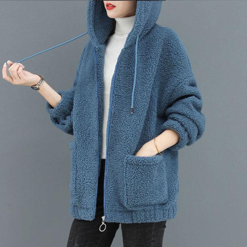 Осенне-зимняя женская бархатная куртка из ягненка, плотная и свободная куртка большого размера с капюшоном и длинными рукавами на молнии