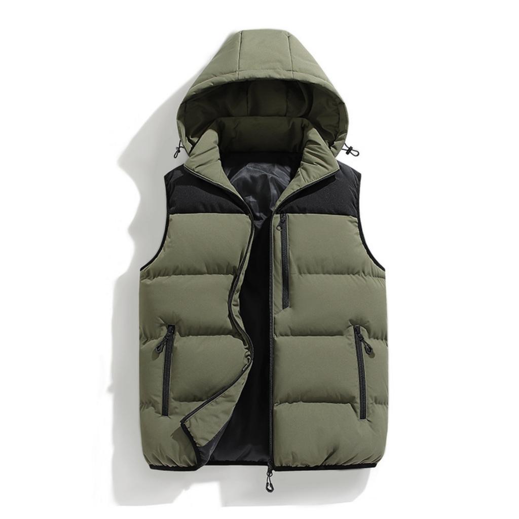 Men's Casual Loose Color-blocked Cotton Warm Jacket, Men's Detachable Cap Sleeveless Vest Jacket
