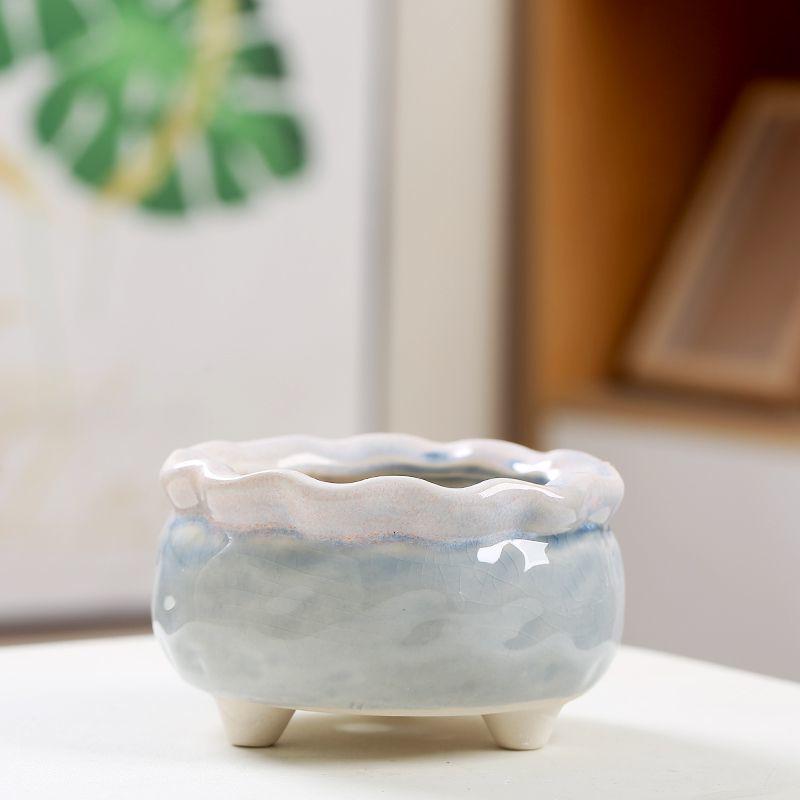 Creative Ceramic Succulent Pot with Breathable Ice Crack Glaze and Drainage Holes