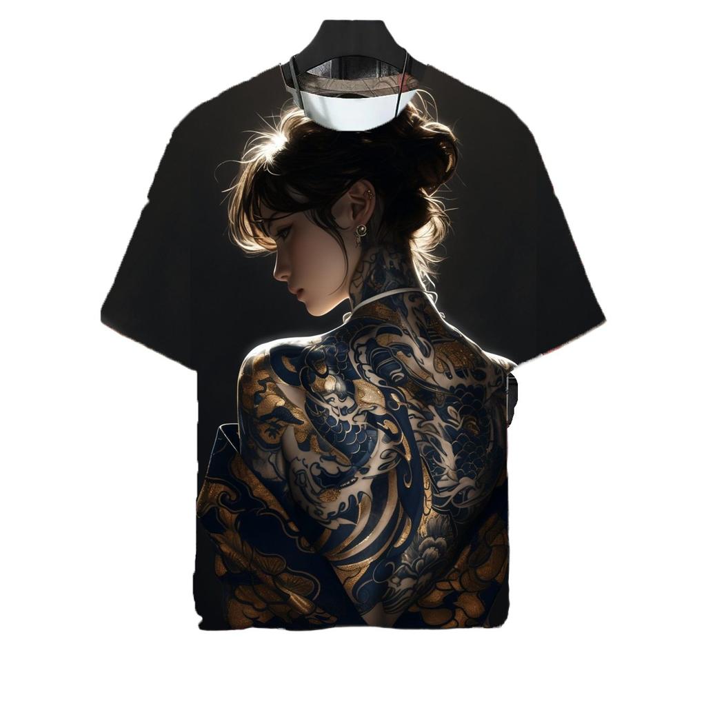 Japanese Warrior Katana Girl Tattoo T-shirt Sexy and Beautiful 3D Printed Top Summer Men Harajuku Round Neck Short Sleeved Clothing