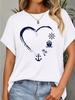 Women Trendy Summer Tops 1Pc Soft Fabric Nautical Heart Graphic Print White Crew Neck Casual Short Sleeve Basic Tees