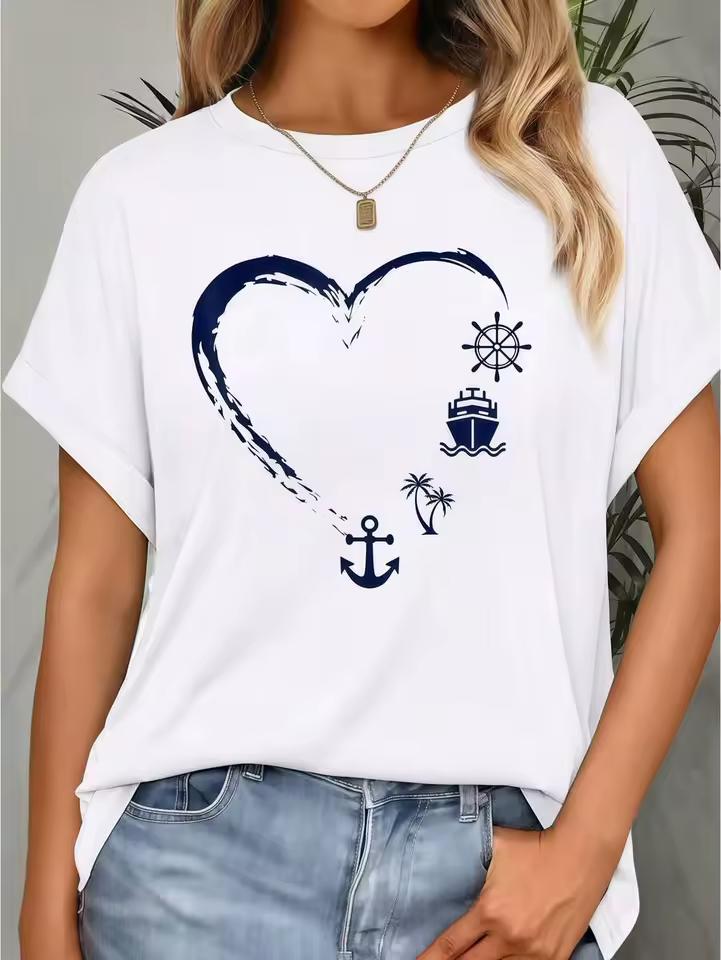 Women Trendy Summer Tops 1Pc Soft Fabric Nautical Heart Graphic Print White Crew Neck Casual Short Sleeve Basic Tees