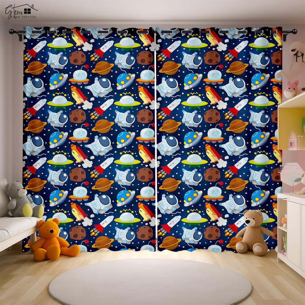Cartoon Aerospace 3D Printing Drapes Astronaut Spaceman Spaceship Rocket Moon Planet Bedchamber Children ' s SpaceDrapes