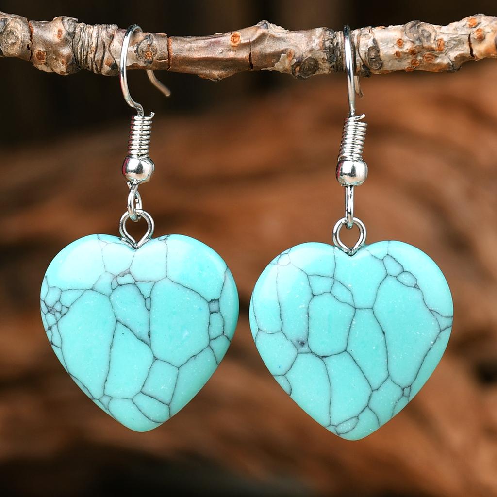 Bohemian Natural StoneTurquoise Amethyst Tiger Eye Heart Dangle Earrings Women's Popular Delicate Handmade Zircon