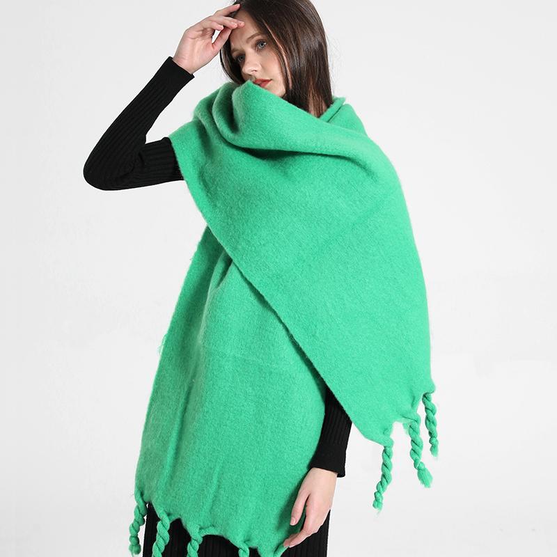 Luxury Cashmere Bright Green Women Solid Scarf Winter Shawl and Wrap Bandana Pashmina Tassel Female Foulard Thick Blanket
