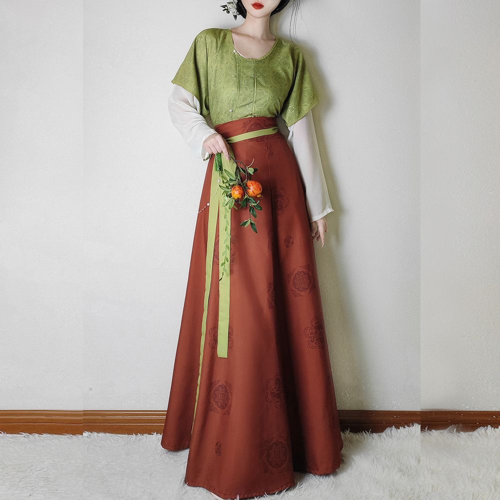 Chinese Tang Dynasty Style Hanfu Dunhuang Printed Round Neck Shirt Waist High One-piece Skirt Set For Women
