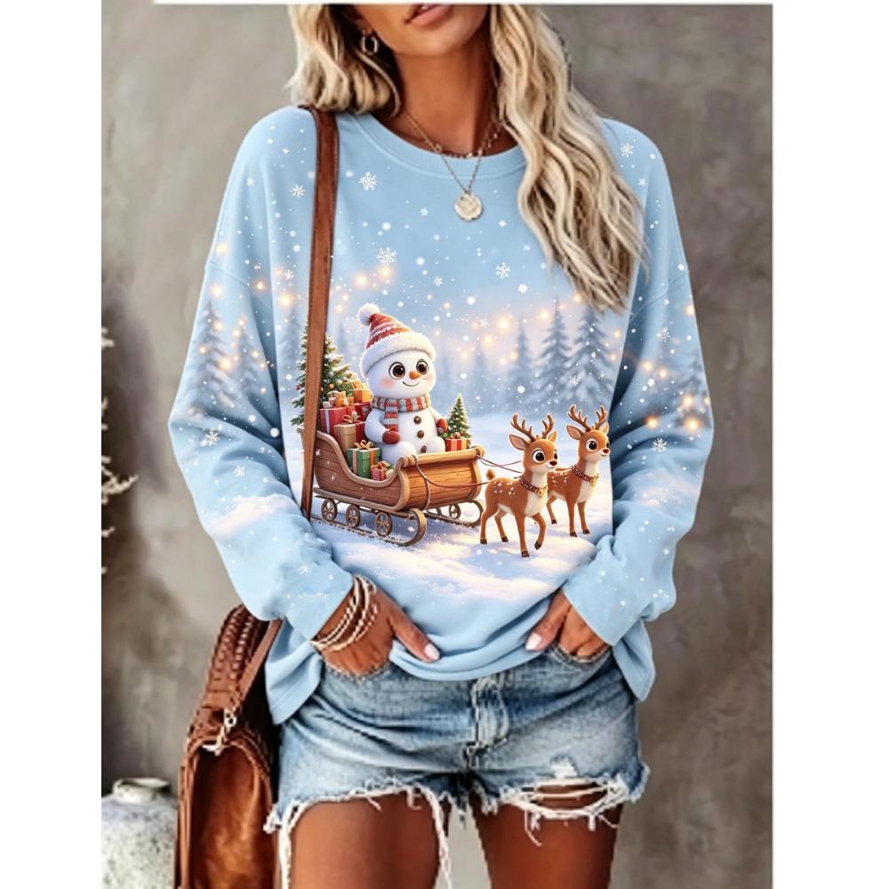 Women Long Sleeve T‑Shirt Christmas Galaxy Starry Sky Snowman Snow