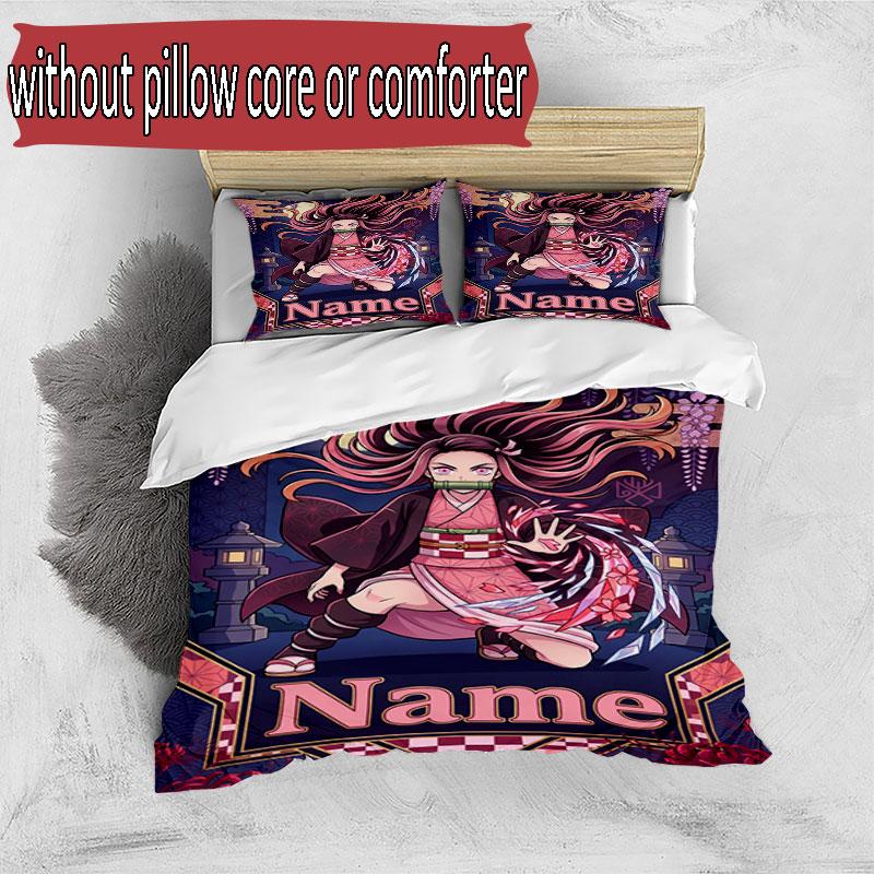 3pcs Duvet Cover Set (1*Duvet Cover + 2*Pillowcase, Without Core), Custom Name Demon Slayer Anime Pattern Bedding Set, Home Bedroom Decor Gift